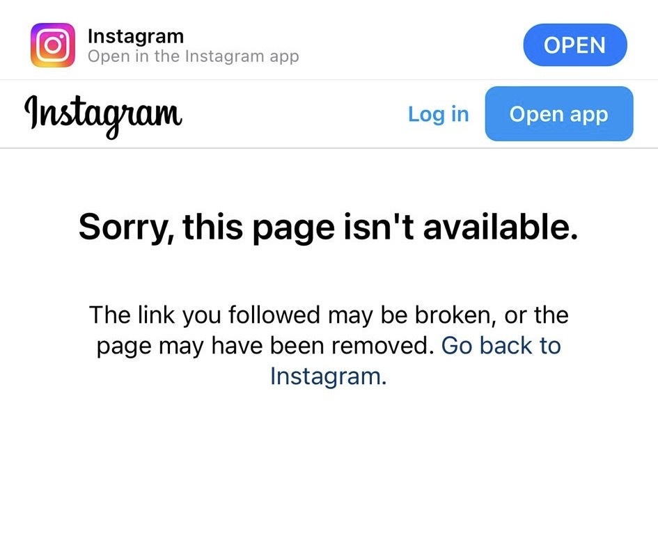 Instagram 'Sorry, this page isn't available' notice after a Carl Media Removal account takedown