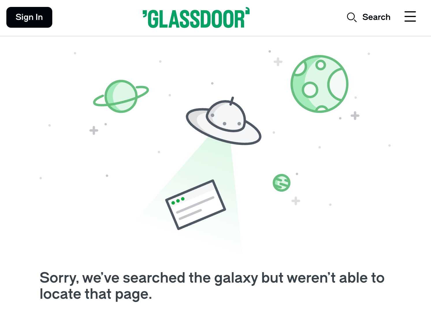 Glassdoor page-not-found screen confirming a removed review