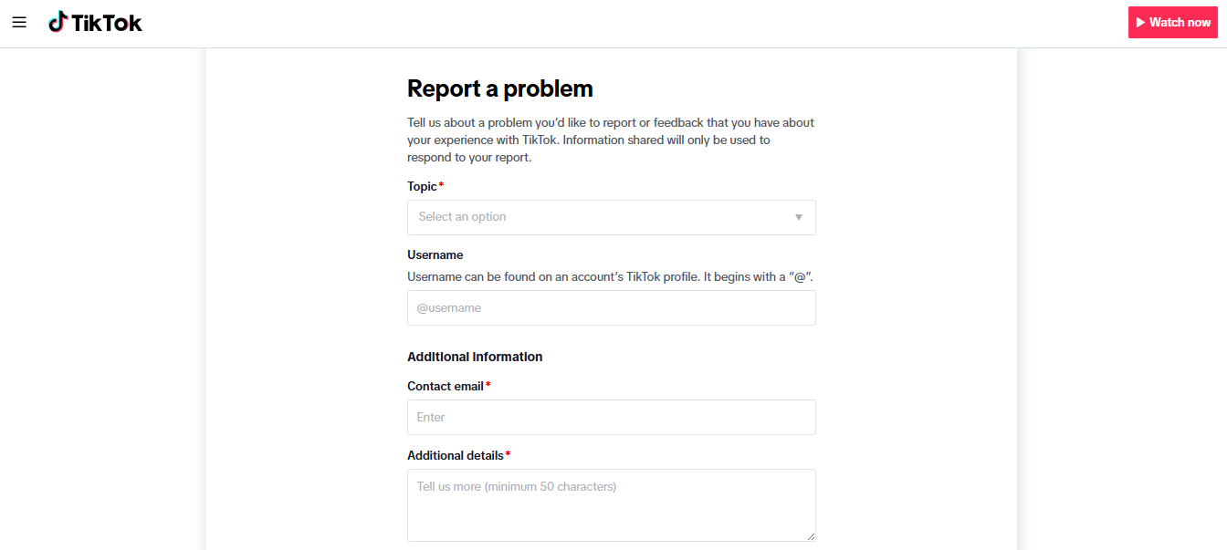 report a problem form tiktok