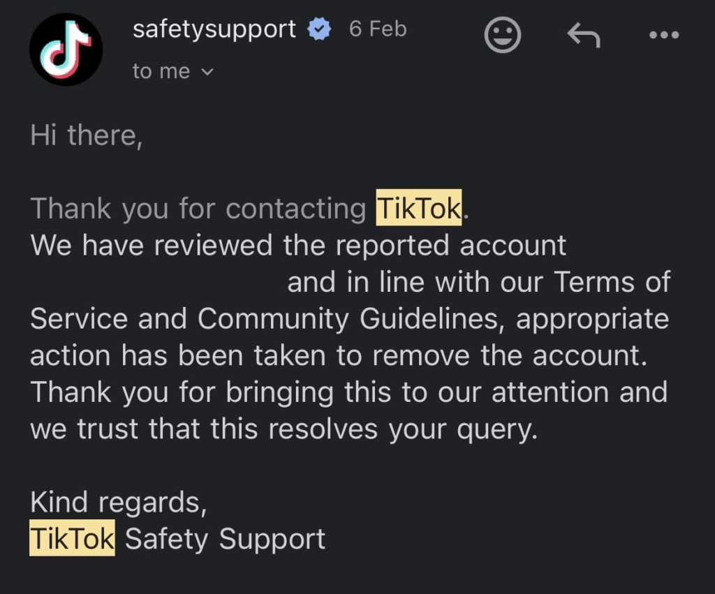 A TikTok takedown confirmation notice