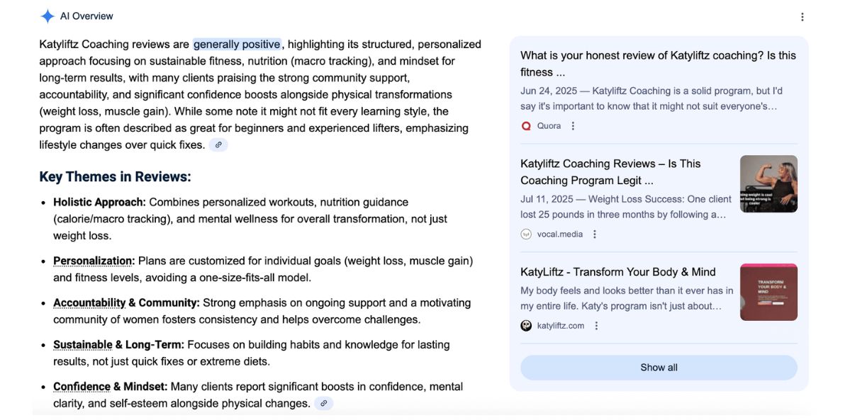 Google result for Katyliftz Coaching with a reframed AI Overview