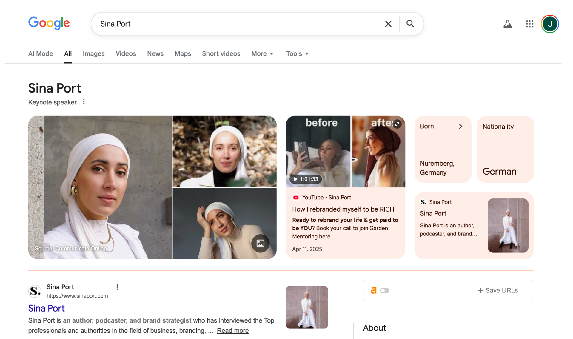 Google search for Sina Port with a verified Knowledge Panel