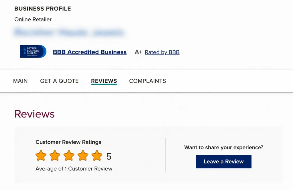 The same BBB business profile restored to 5 stars after the two complaints were removed