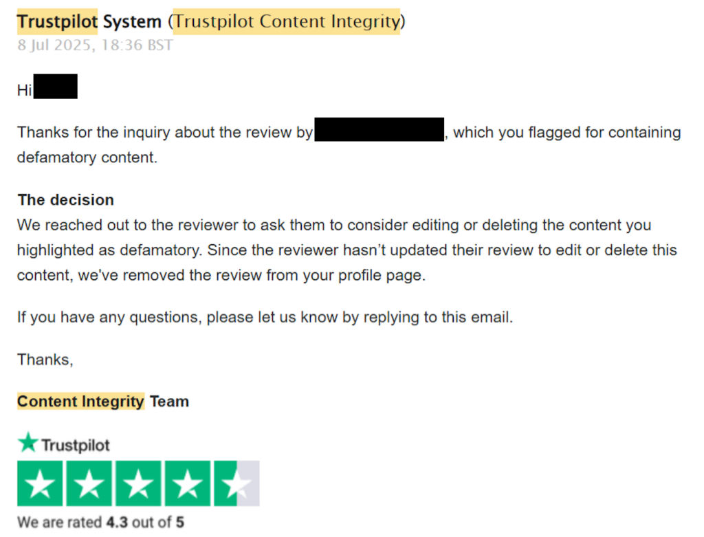 Example of a Trustpilot review under integrity review