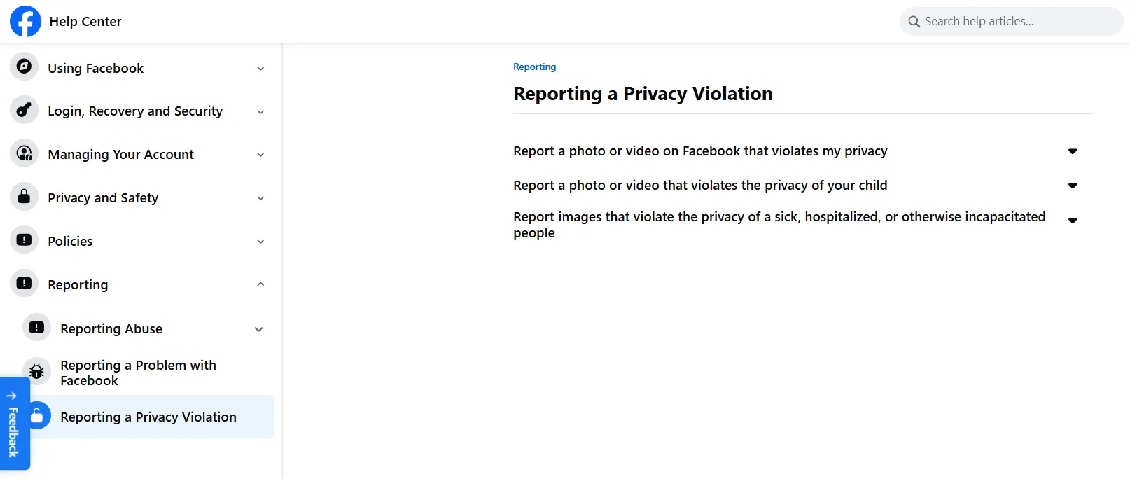 Facebook Help Center report form