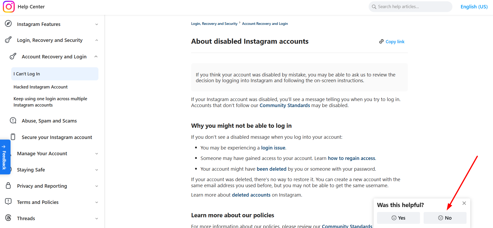 Instagram Help Center: About disabled Instagram accounts