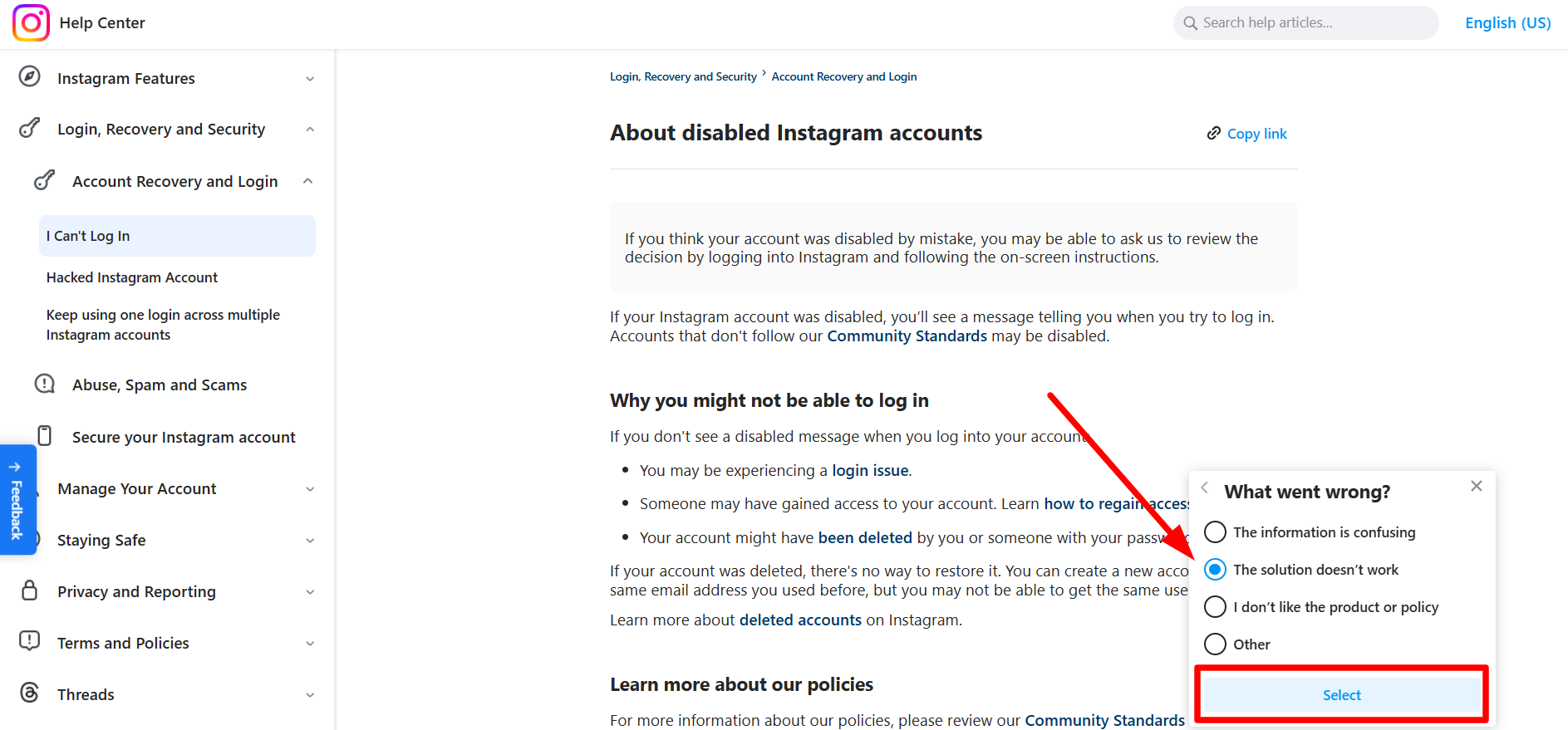 Instagram Help Center: The solution doesn't work
