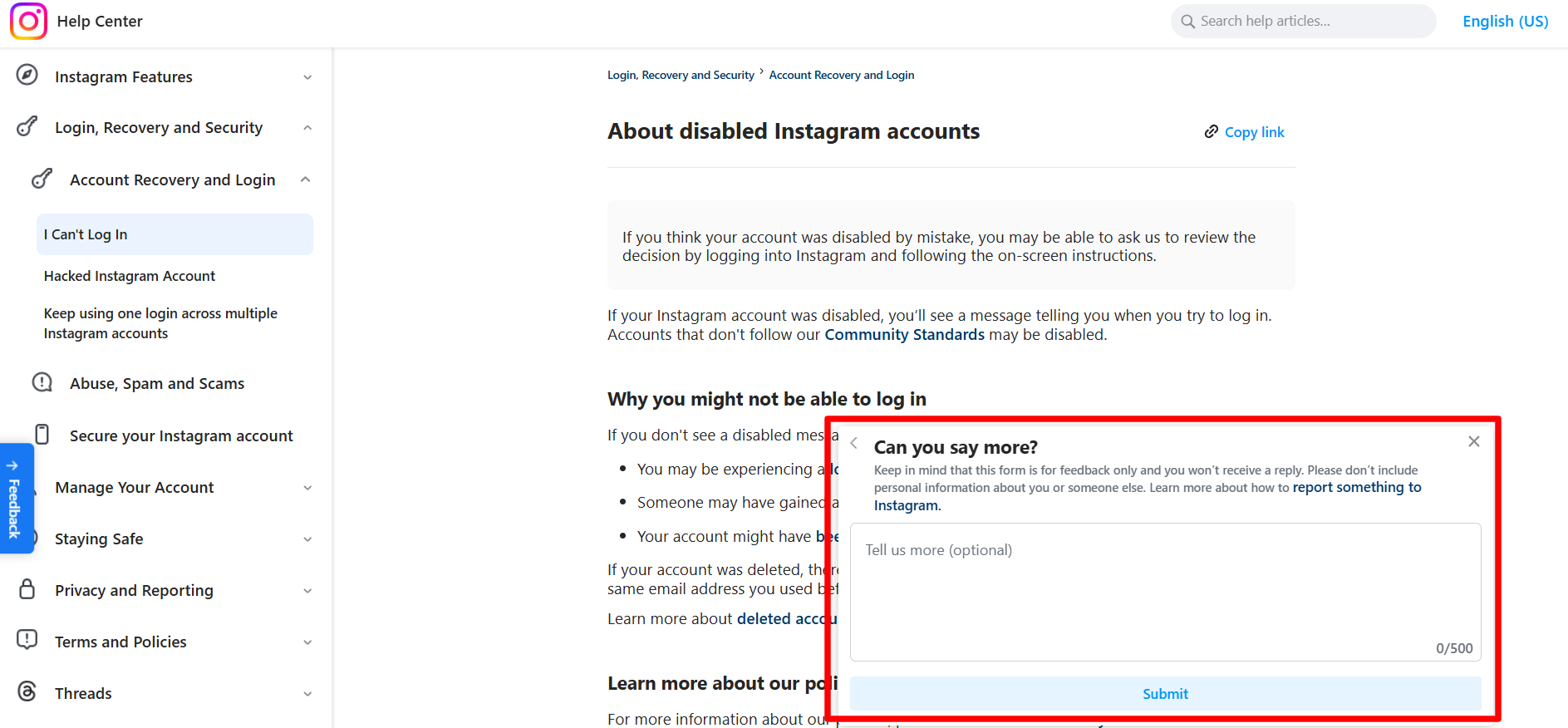 Instagram appeal form for a disabled account