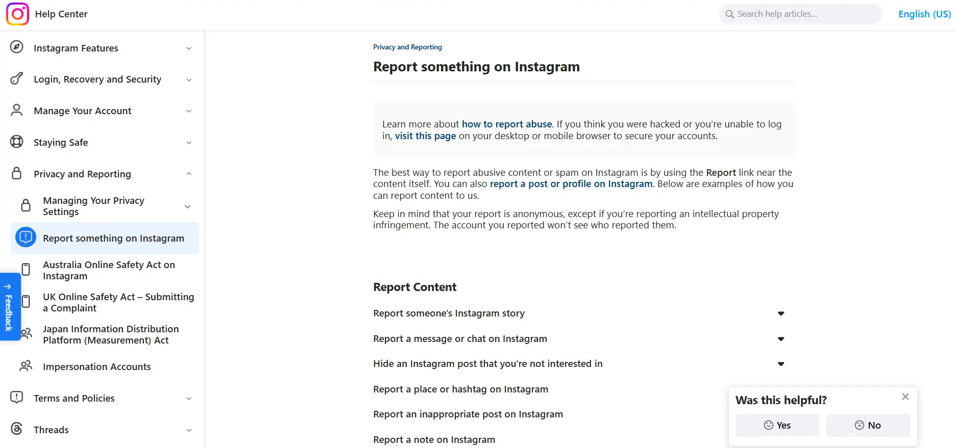 Instagram Help Center report form