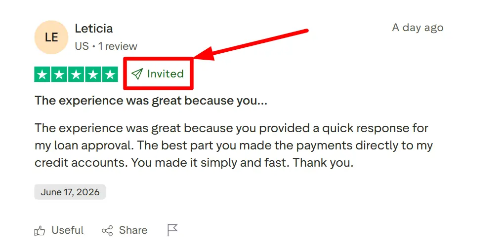 Invited label highlighted on a Trustpilot review