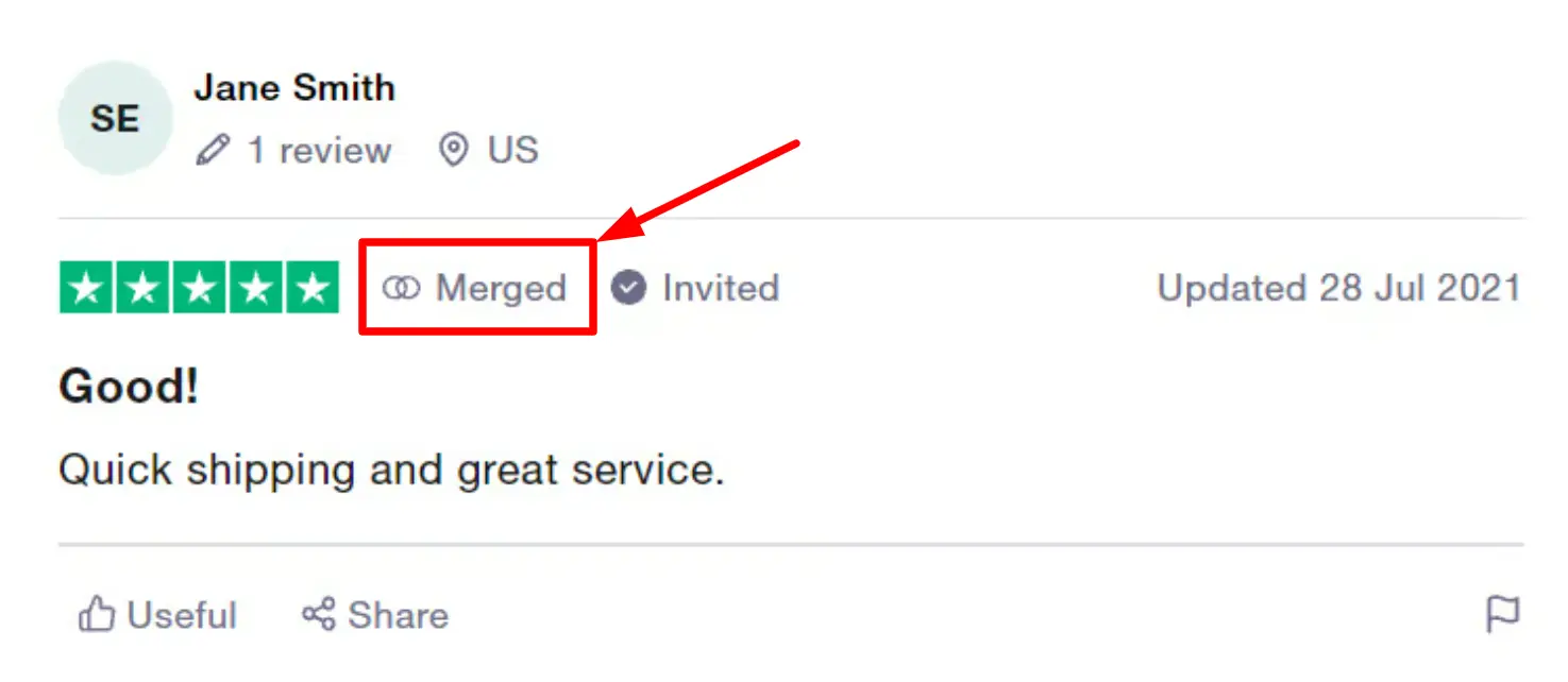 Merged label highlighted on a Trustpilot review