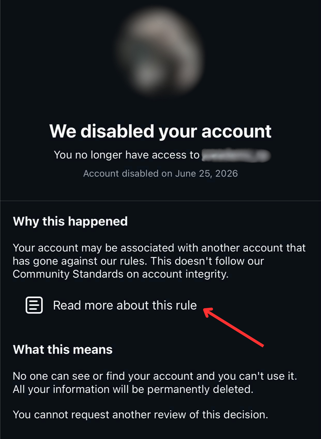 Instagram 'Read more about this rule' appeal option