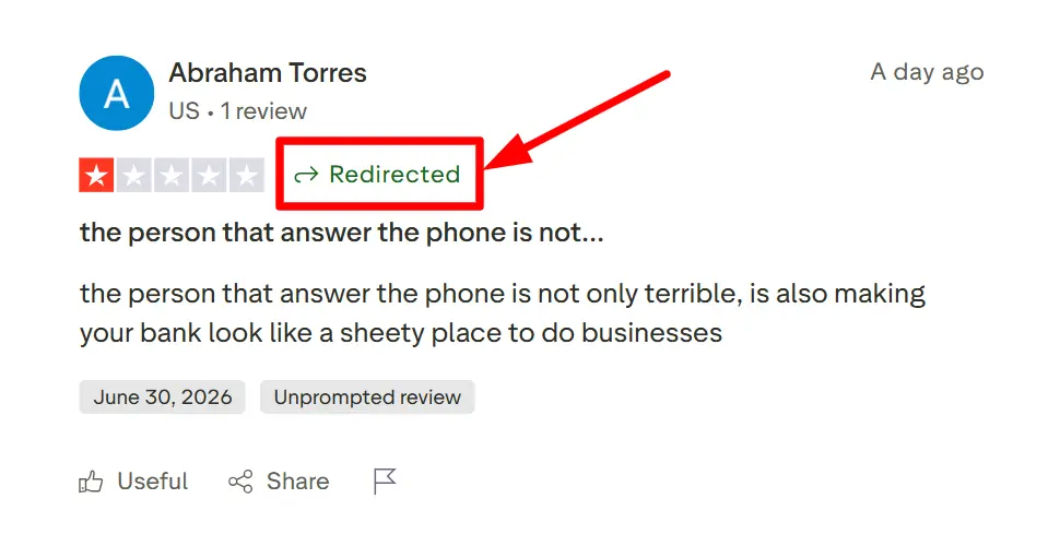 Redirected label highlighted on a Trustpilot review