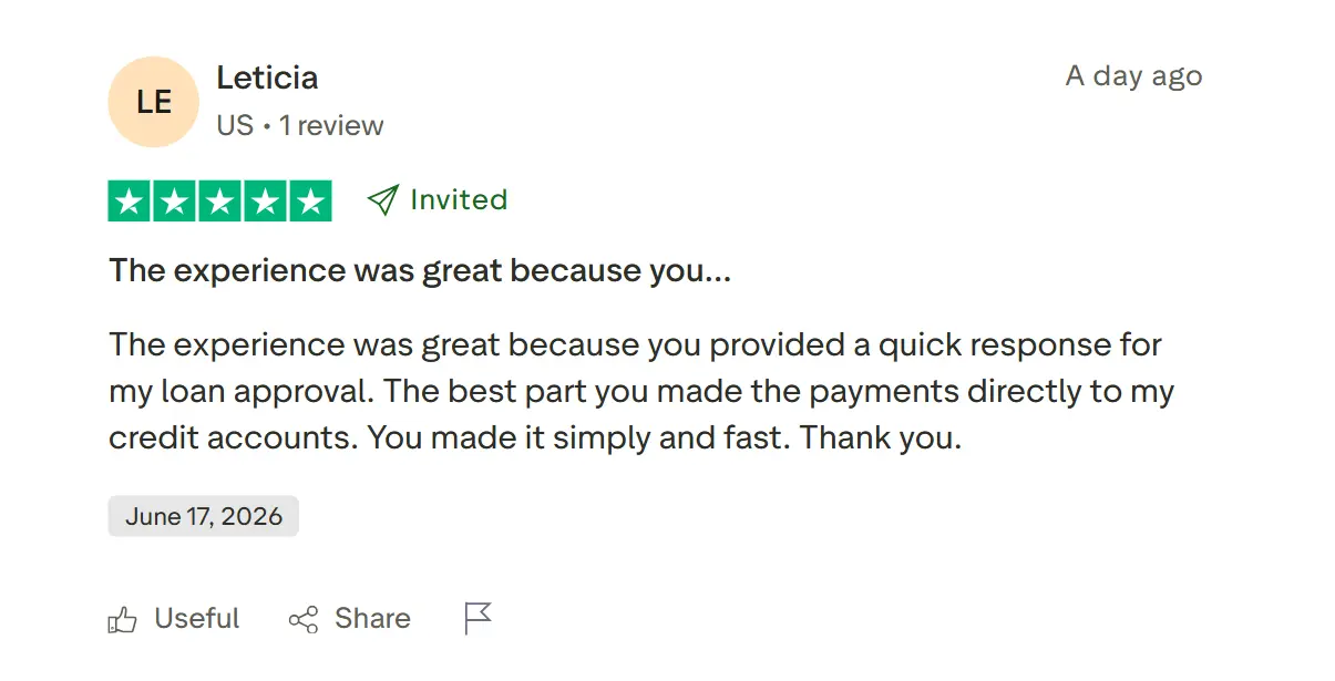 Trustpilot review labels shown next to a review