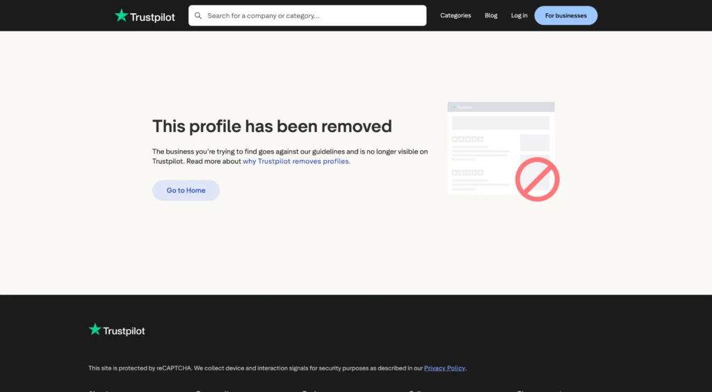 Trustpilot page reading This profile has been removed