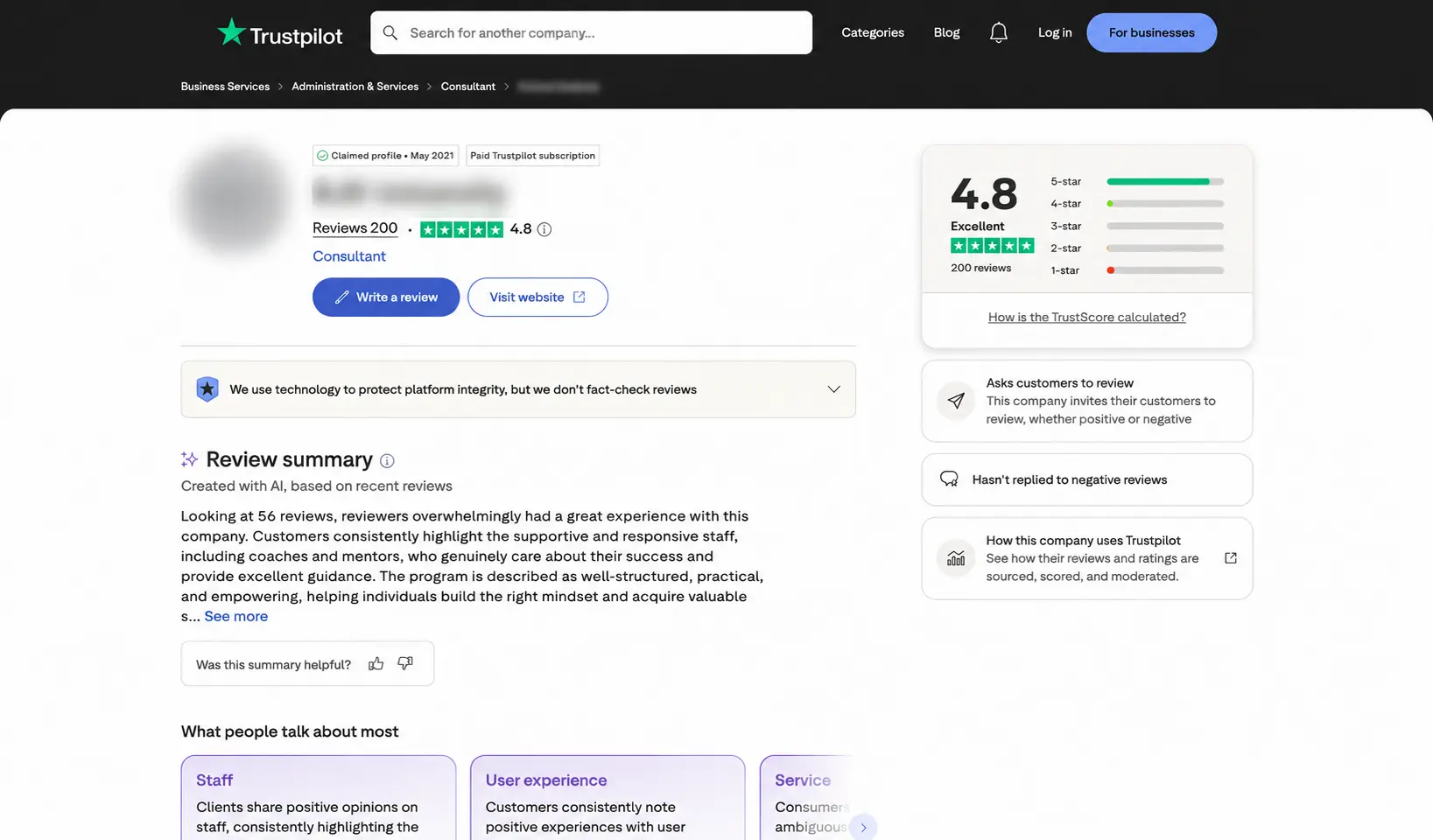 Trustpilot profile rated 4.8, after seven false reviews were removed