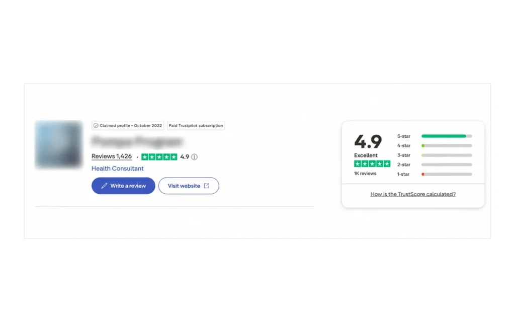 Trustpilot profile at 4.9 stars, health consultant case study