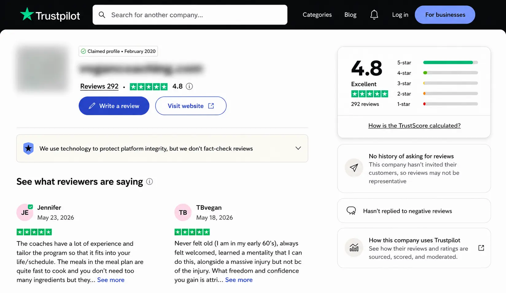 Trustpilot profile rated 4.8, after two defamatory reviews were removed