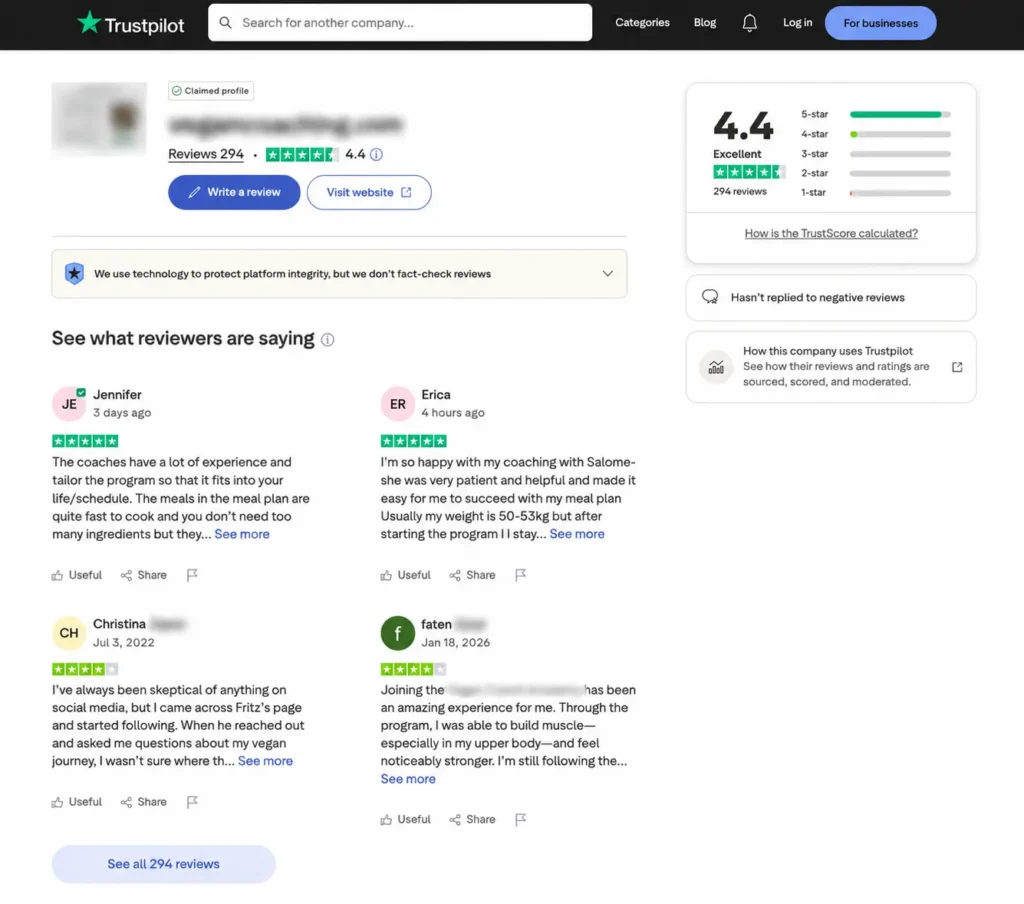 Trustpilot profile rated 4.4 across 294 reviews, before the removals