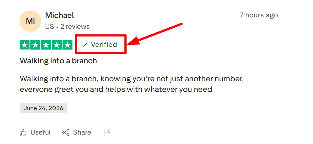 Verified label highlighted on a Trustpilot review