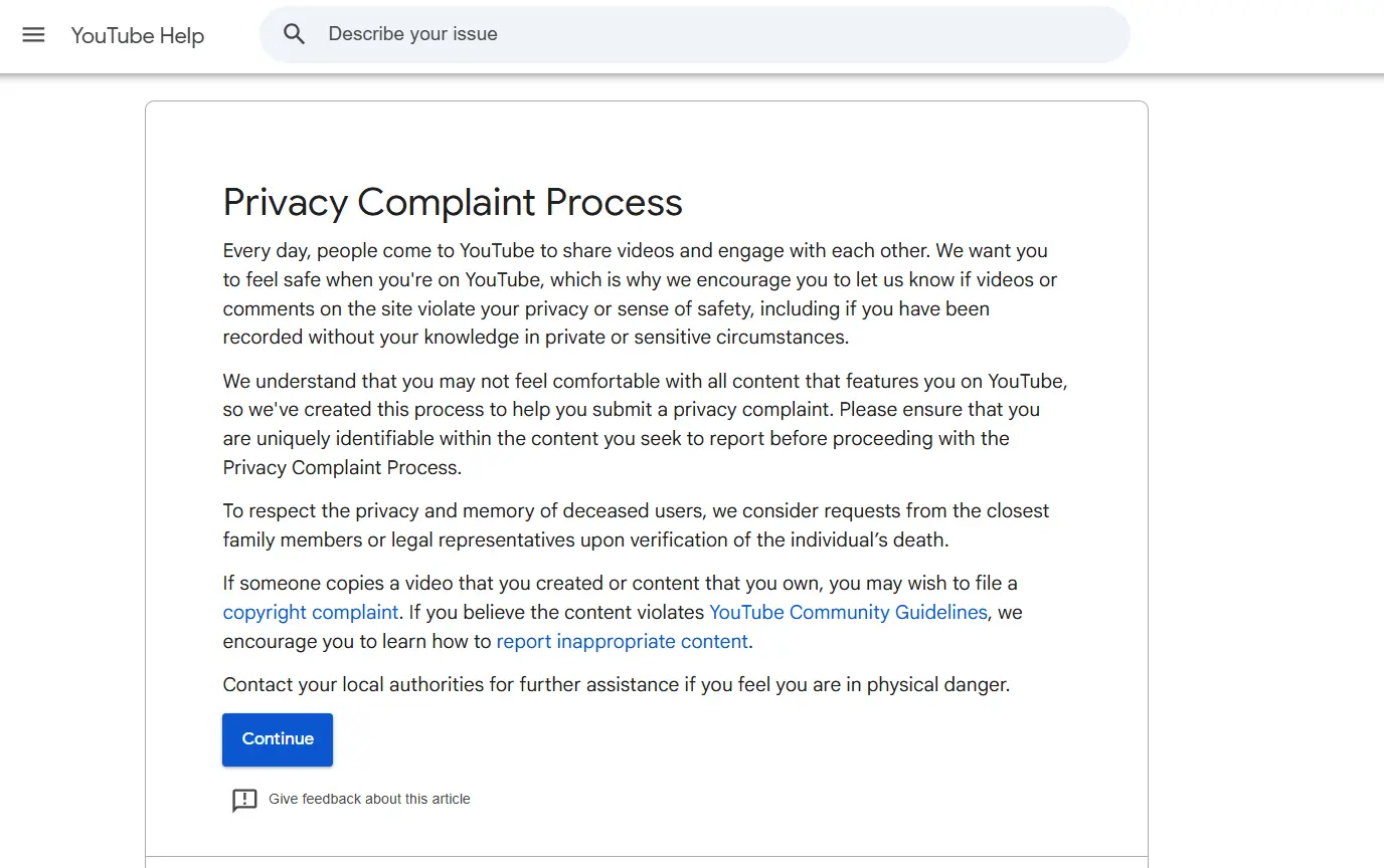 YouTube privacy complaint process